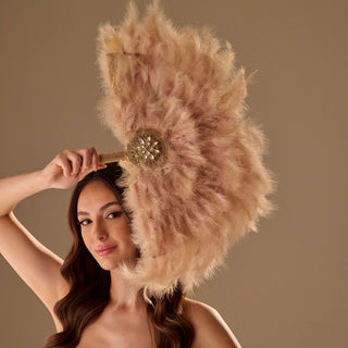 Luxury Feather Fan – Handcrafted with Gold & Rhinestone Trim, Elegant Unique Fan - Glamourous Grace
