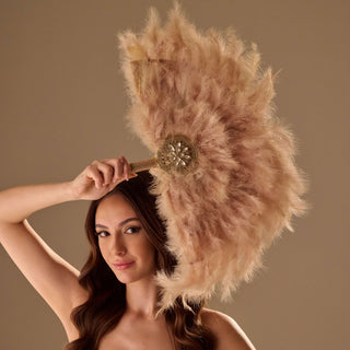 Luxury Feather Fan – Handcrafted with Gold & Rhinestone Trim, Elegant Unique Fan - Glamourous Grace