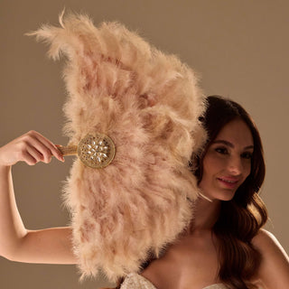 Luxury Feather Fan – Handcrafted with Gold & Rhinestone Trim, Elegant Unique Fan - Glamourous Grace