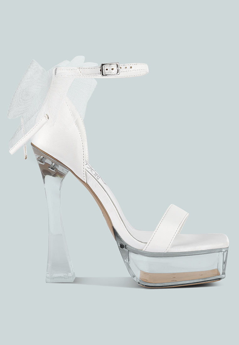 Kiri Satin Clear High Heeled Bow Sandals - Glamourous Grace