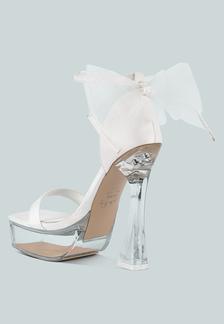 Kiri Satin Clear High Heeled Bow Sandals - Glamourous Grace