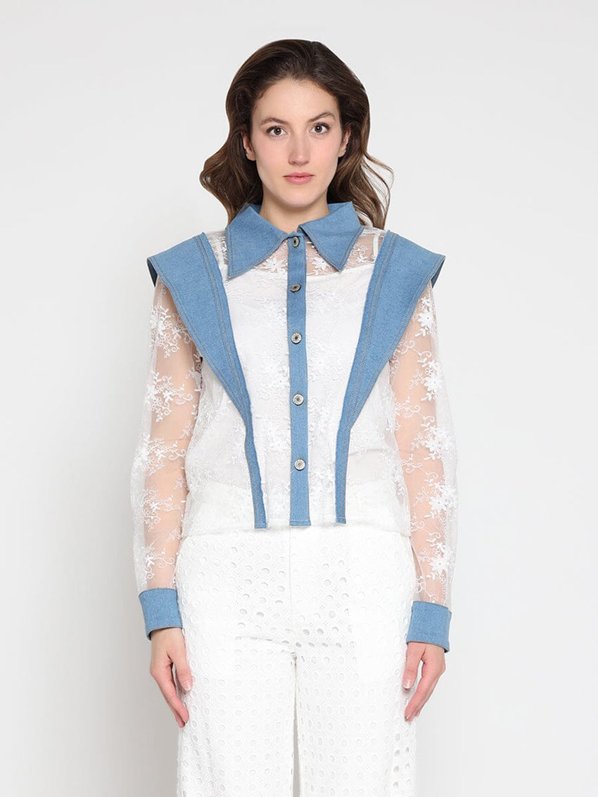 Lace and Denim Button-up Shirt