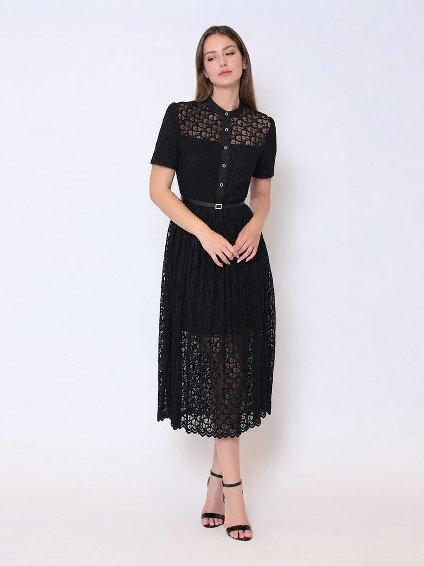 Lace Floral Button Front Mock Neck Belted Dress