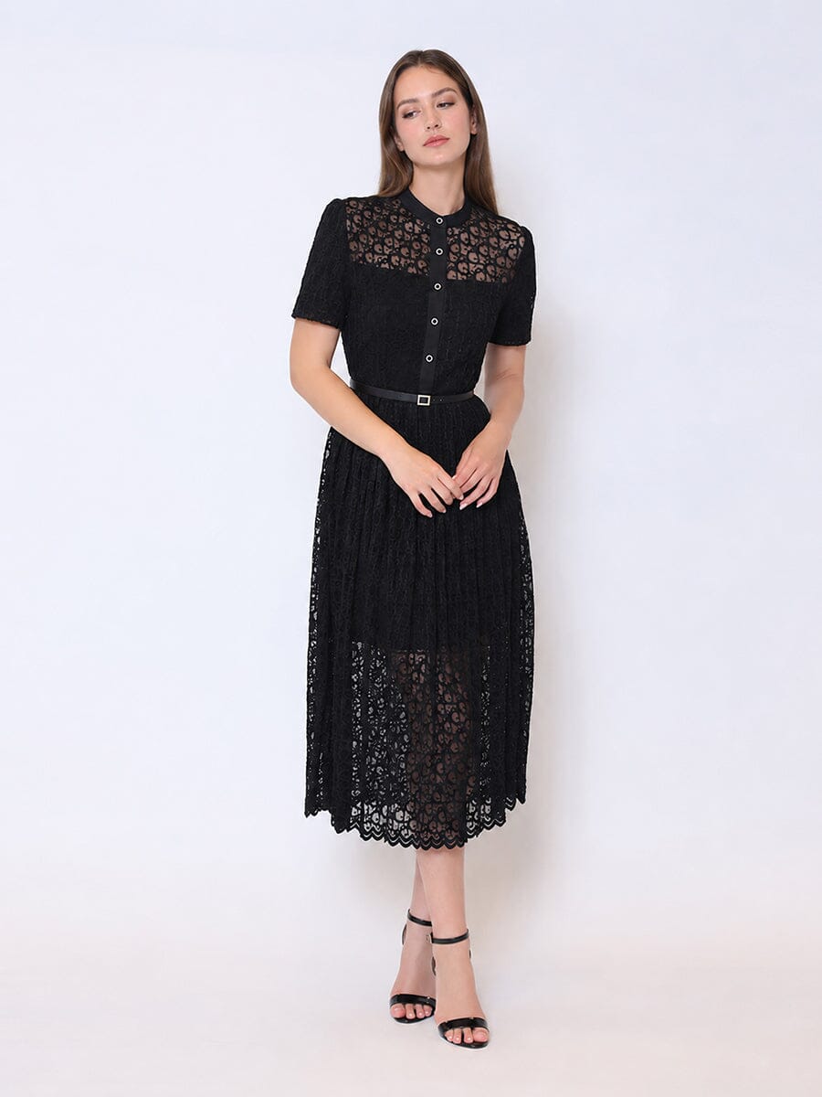 Lace Floral Button Front Mock Neck Belted Dress - Glamourous Grace