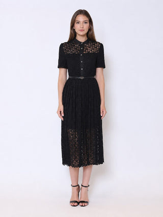Lace Floral Button Front Mock Neck Belted Dress