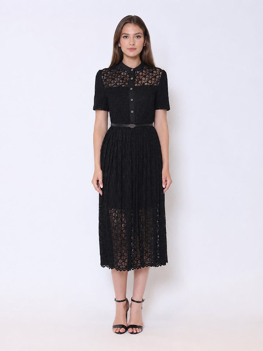 Lace Floral Button Front Mock Neck Belted Dress - Glamourous Grace
