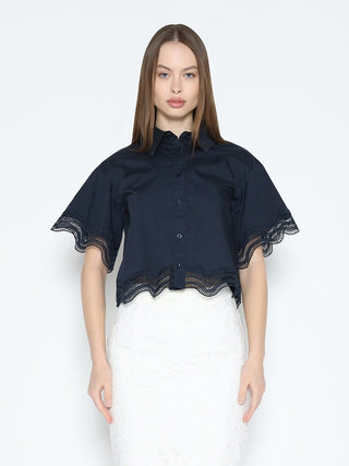 Lace Hem Short Sleeve Button-Down Shirt