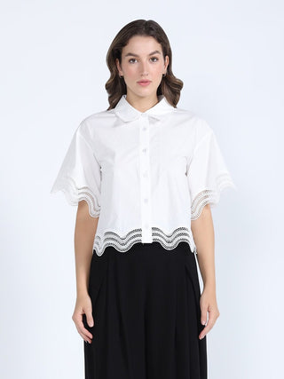 Lace Hem Short Sleeve Button-Down Shirt
