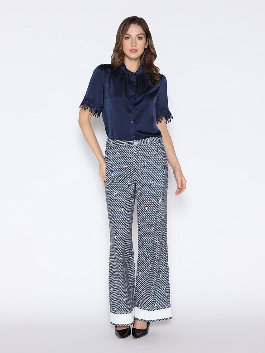 Lace Hem Short Sleeve Satin Round Neck Shirt