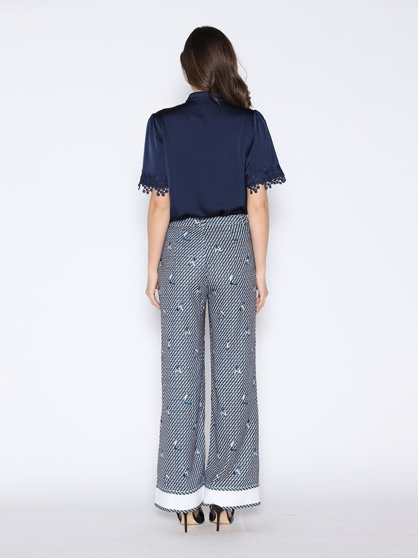 Lace Hem Short Sleeve Satin Round Neck Shirt