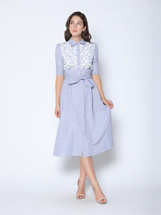 Lace Spliced Striped Tie Belted A-Line Dress