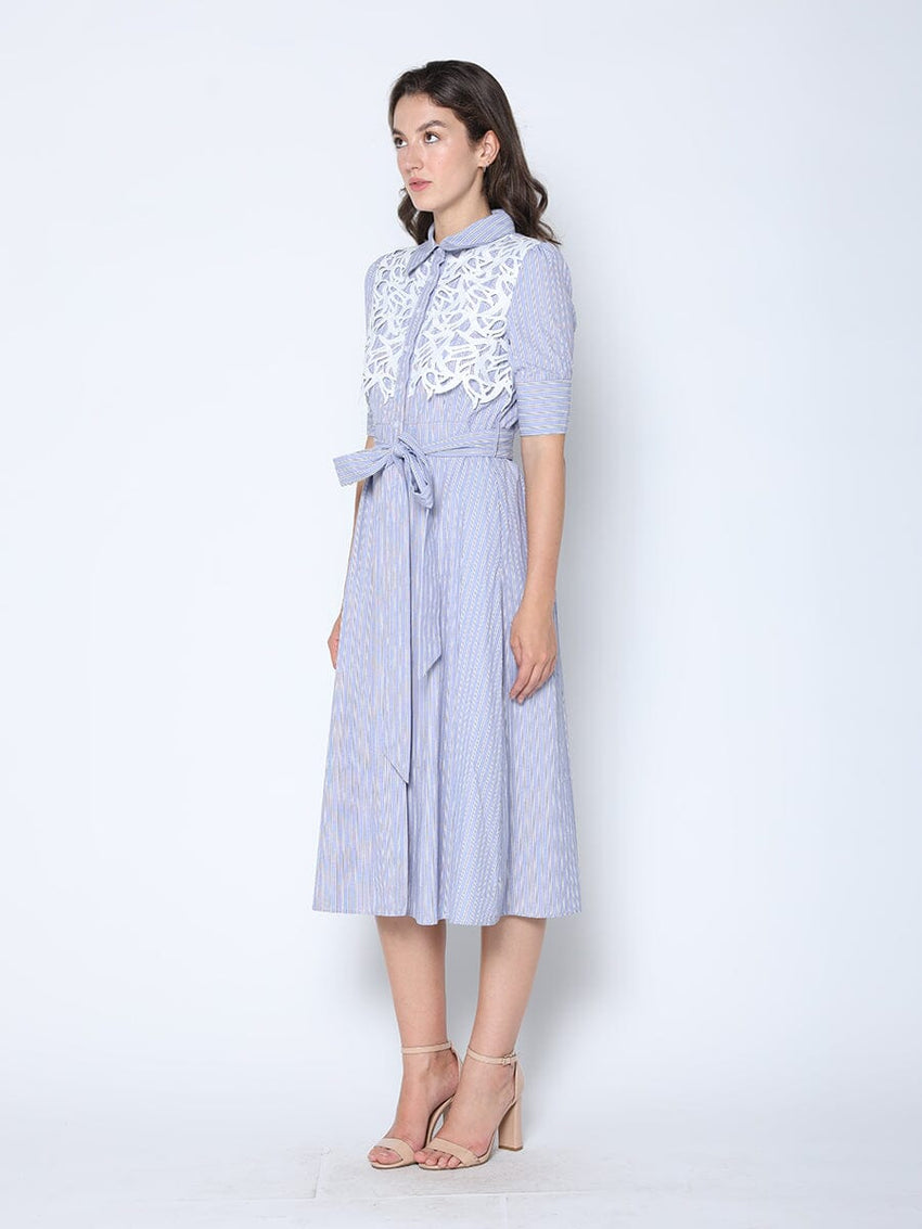 Lace Spliced Striped Tie Belted A-Line Dress