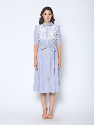 Lace Spliced Striped Tie Belted A-Line Dress