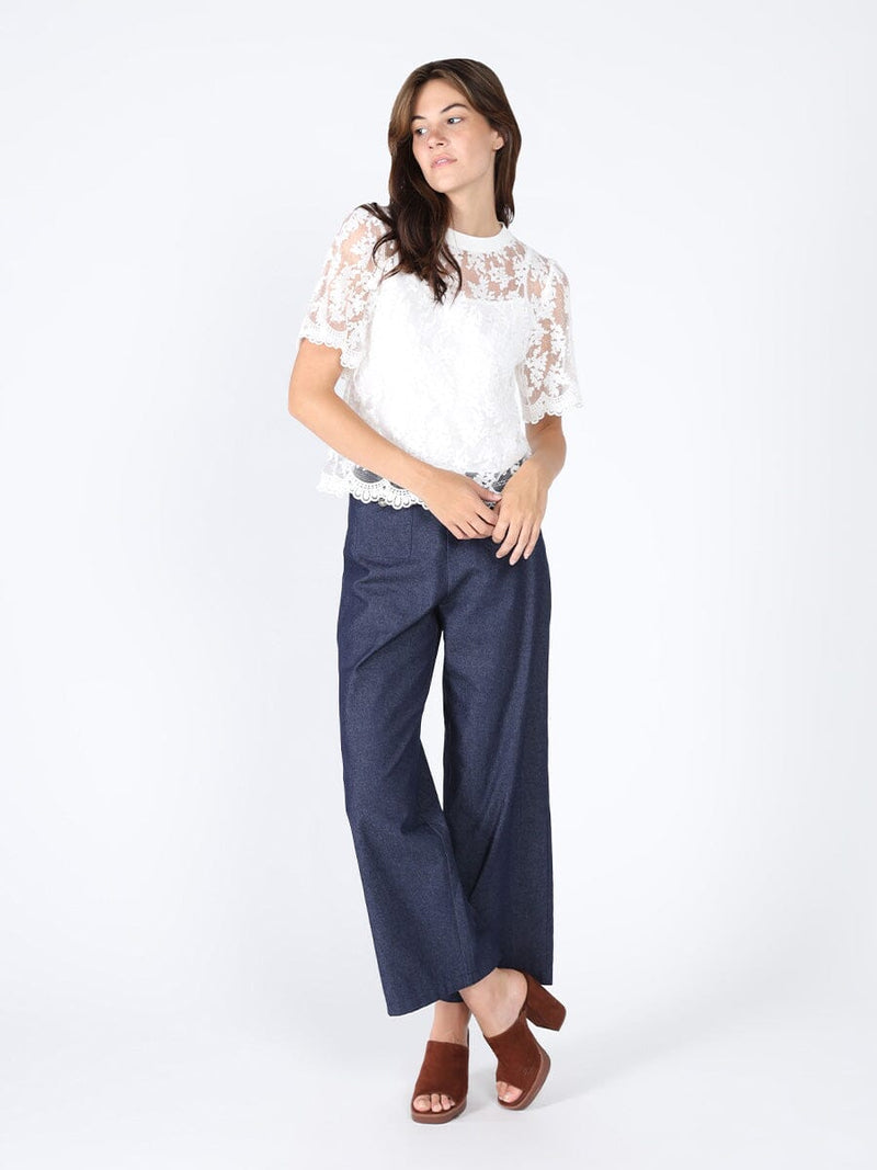 Lace Work Crew Neck Scallop Hem Top