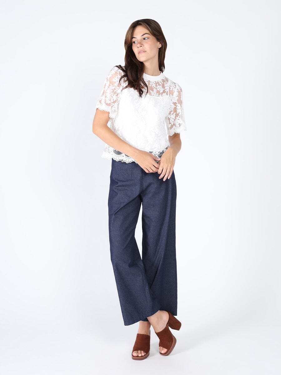 Lace Work Crew Neck Scallop Hem Top - Glamourous Grace