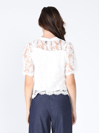Lace Work Crew Neck Scallop Hem Top