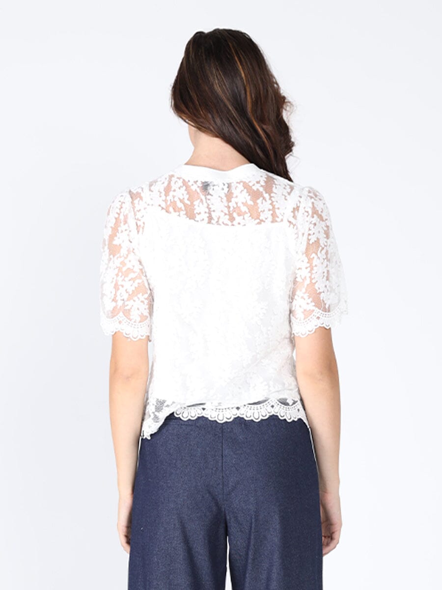 Lace Work Crew Neck Scallop Hem Top - Glamourous Grace