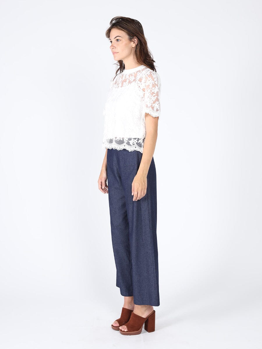 Lace Work Crew Neck Scallop Hem Top - Glamourous Grace