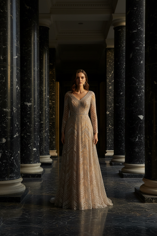 Lara 29753 - Long Sleeves Beaded Ballgown - Glamourous Grace