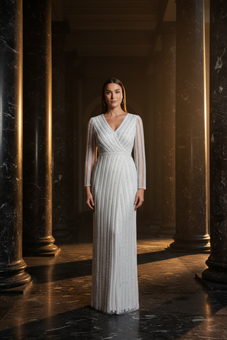 Lara Blair Long-Sleeve Beaded Surplice Sheath Gown - Glamourous Grace