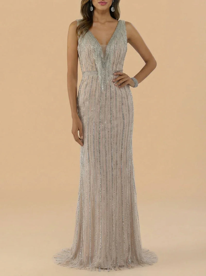 Beaded V-Neck Gown - OUTLET | 29680 - Glamourous Grace