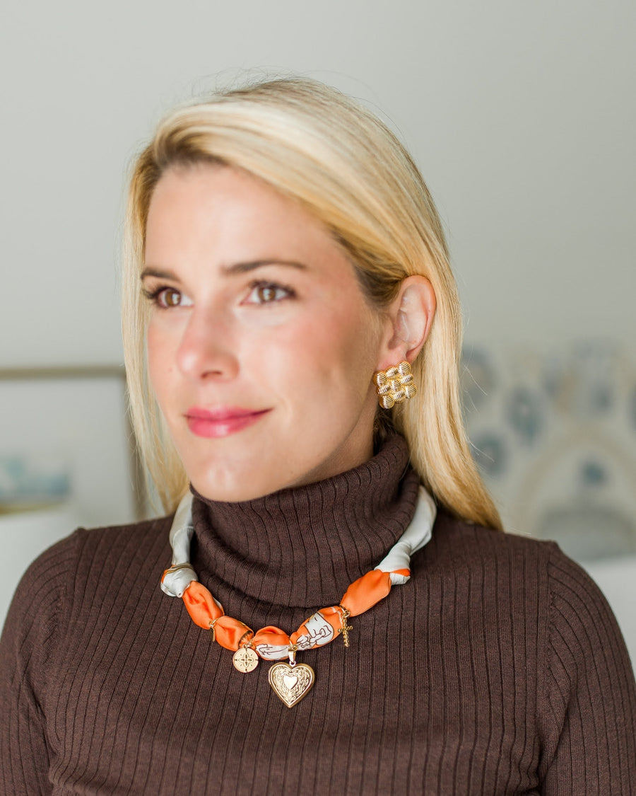 Leigh - Orange Locket Heart -  Scarf Necklace - Glamourous Grace