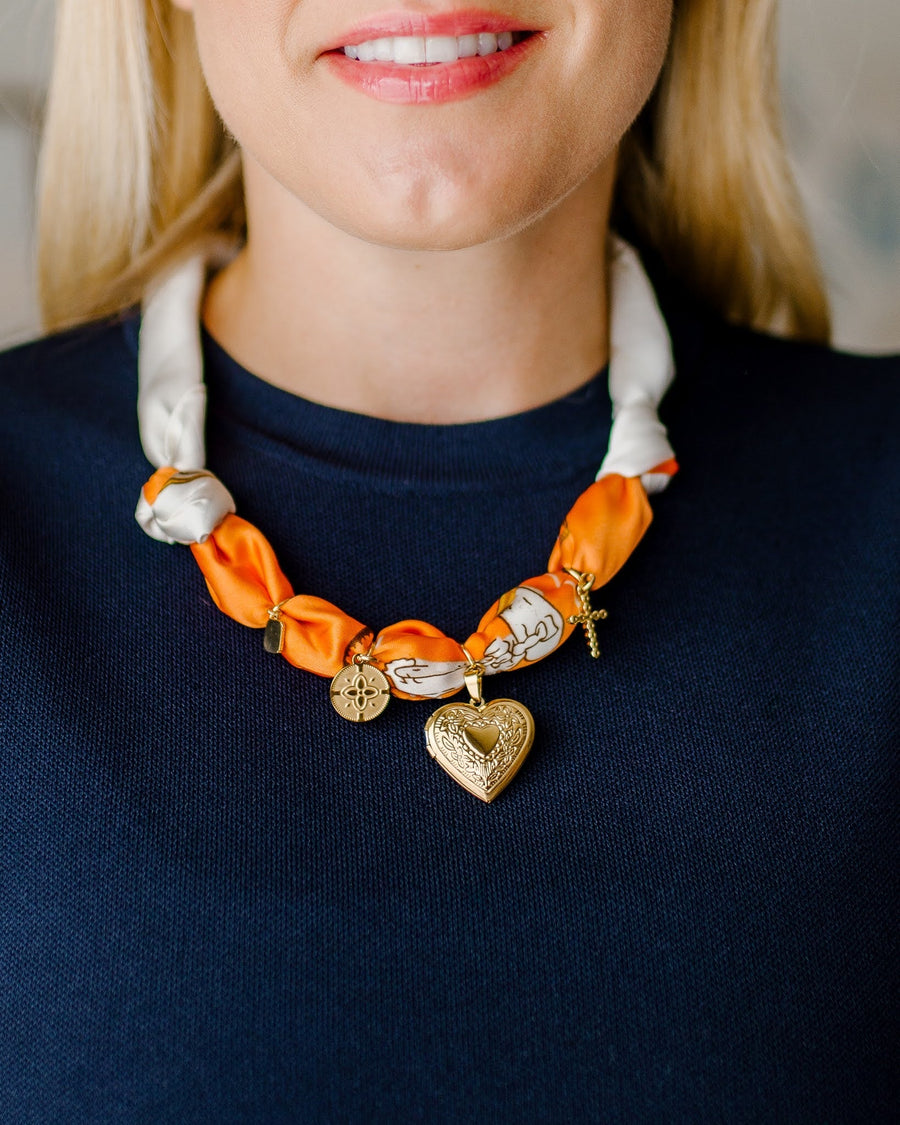 Leigh - Orange Locket Heart -  Scarf Necklace - Glamourous Grace