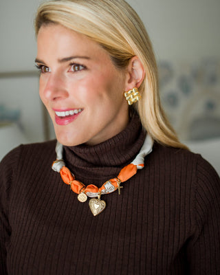 Leigh - Orange Locket Heart -  Scarf Necklace - Glamourous Grace