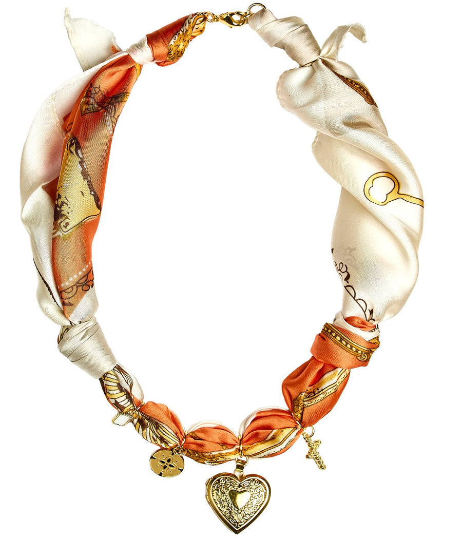 Leigh - Orange Locket Heart -  Scarf Necklace - Glamourous Grace