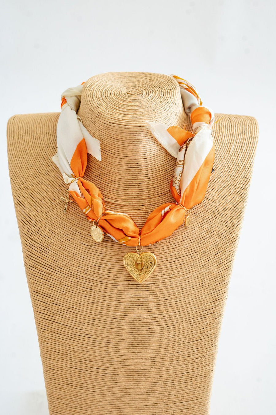 Leigh - Orange Locket Heart -  Scarf Necklace - Glamourous Grace