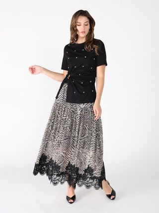 Leopard Print Lace Hem Elastic Waist Skirt