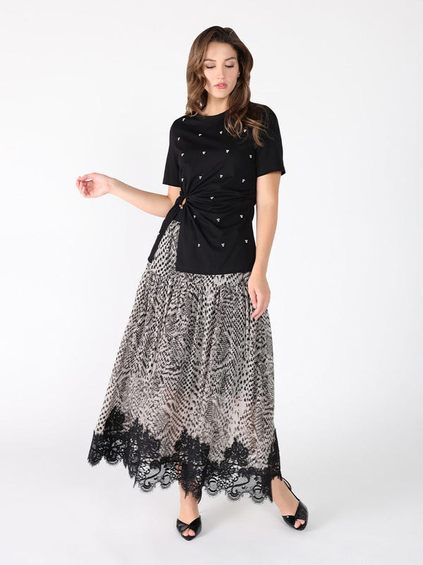Leopard Print Lace Hem Elastic Waist Skirt - Glamourous Grace