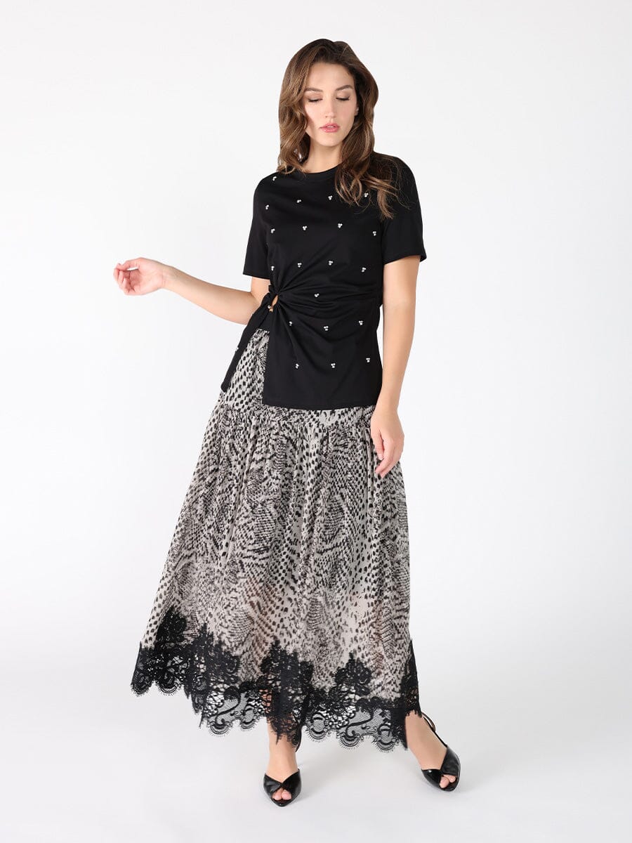 Leopard Print Lace Hem Elastic Waist Skirt - Glamourous Grace