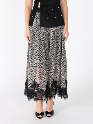 Leopard Print Lace Hem Elastic Waist Skirt