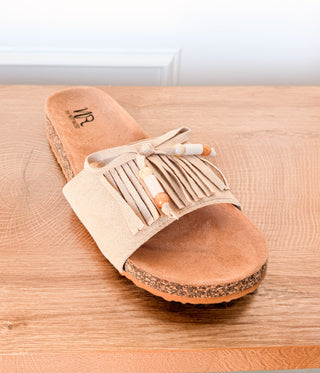 Lilliam Fringe Beaded Sandals in Tan