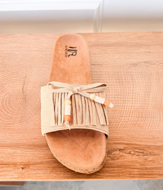 Lilliam Fringe Beaded Sandals in Tan
