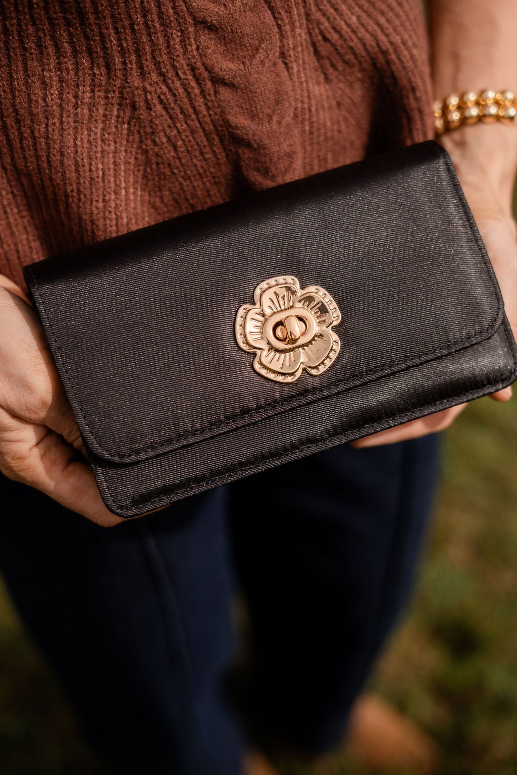 Lilly Faille Clutch with Flower Closure - Glamourous Grace