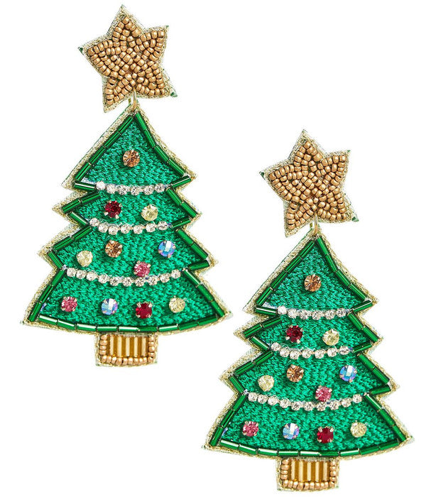 Christmas Tree Beaded Earring  - Gold Star Top - Glamourous Grace