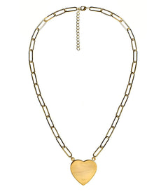 Gold Flat Heart Charm Necklace with Paper Clip Chain - 18k Gold Plated -