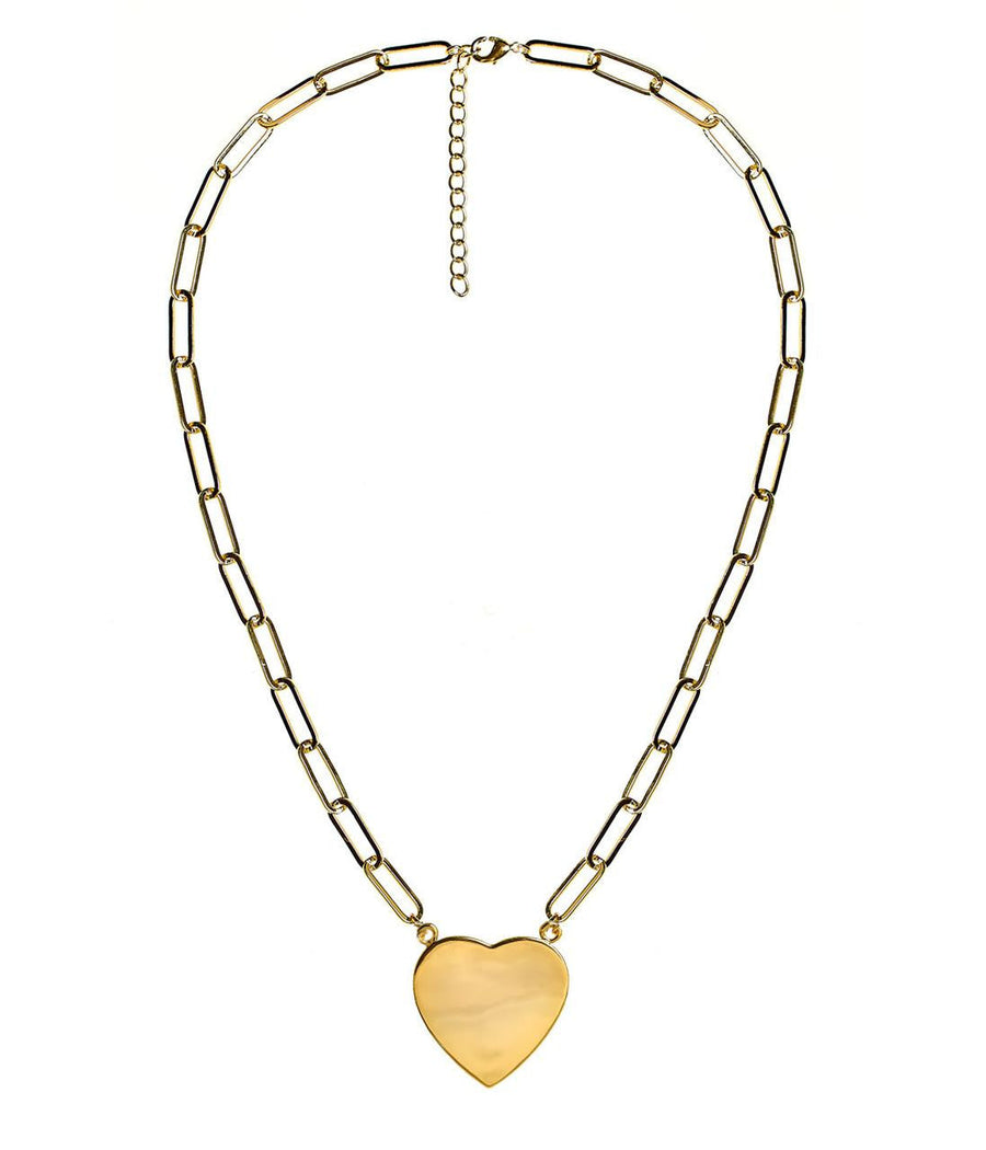 Gold Flat Heart Charm Necklace with Paper Clip Chain - 18k Gold Plated - Glamourous Grace