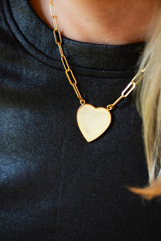 Gold Flat Heart Charm Necklace with Paper Clip Chain - 18k Gold Plated - - Glamourous Grace