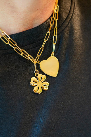 Gold Flat Heart Charm Necklace with Paper Clip Chain - 18k Gold Plated - - Glamourous Grace