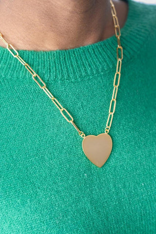 Gold Flat Heart Charm Necklace with Paper Clip Chain - 18k Gold Plated - - Glamourous Grace