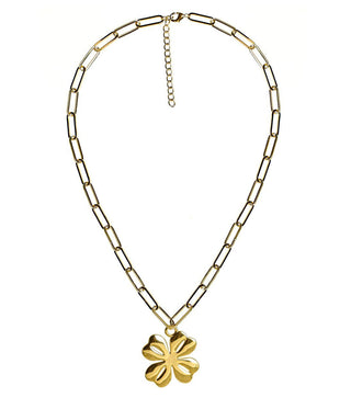 Gold Shamrock Charm Necklace with Paper Clip Chain - 18k Gold Plated - Glamourous Grace