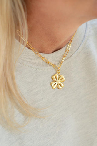 Gold Shamrock Charm Necklace with Paper Clip Chain - 18k Gold Plated - Glamourous Grace
