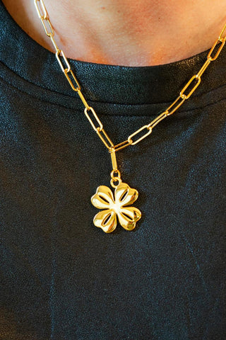 Gold Shamrock Charm Necklace with Paper Clip Chain - 18k Gold Plated - Glamourous Grace