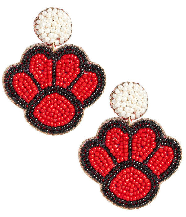 Paw Print -  Red & Black Fabric Backed Beaded Earrings - Glamourous Grace