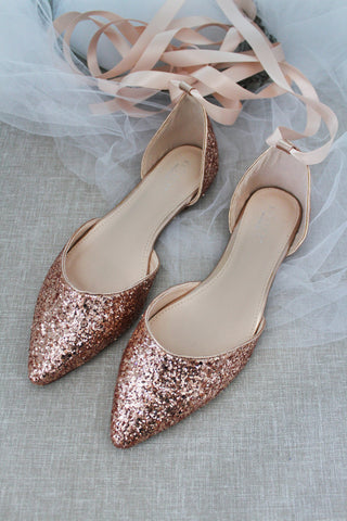 Rock Glitter Pointy Toe Flats with Blush Satin Ankle Tie or Ballerina Lace Up