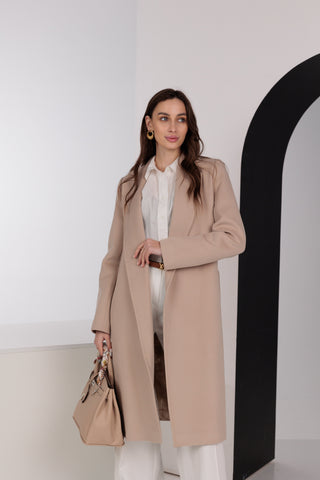 Geneva Classic Wraparound Wool Blend Overcoat in Beige