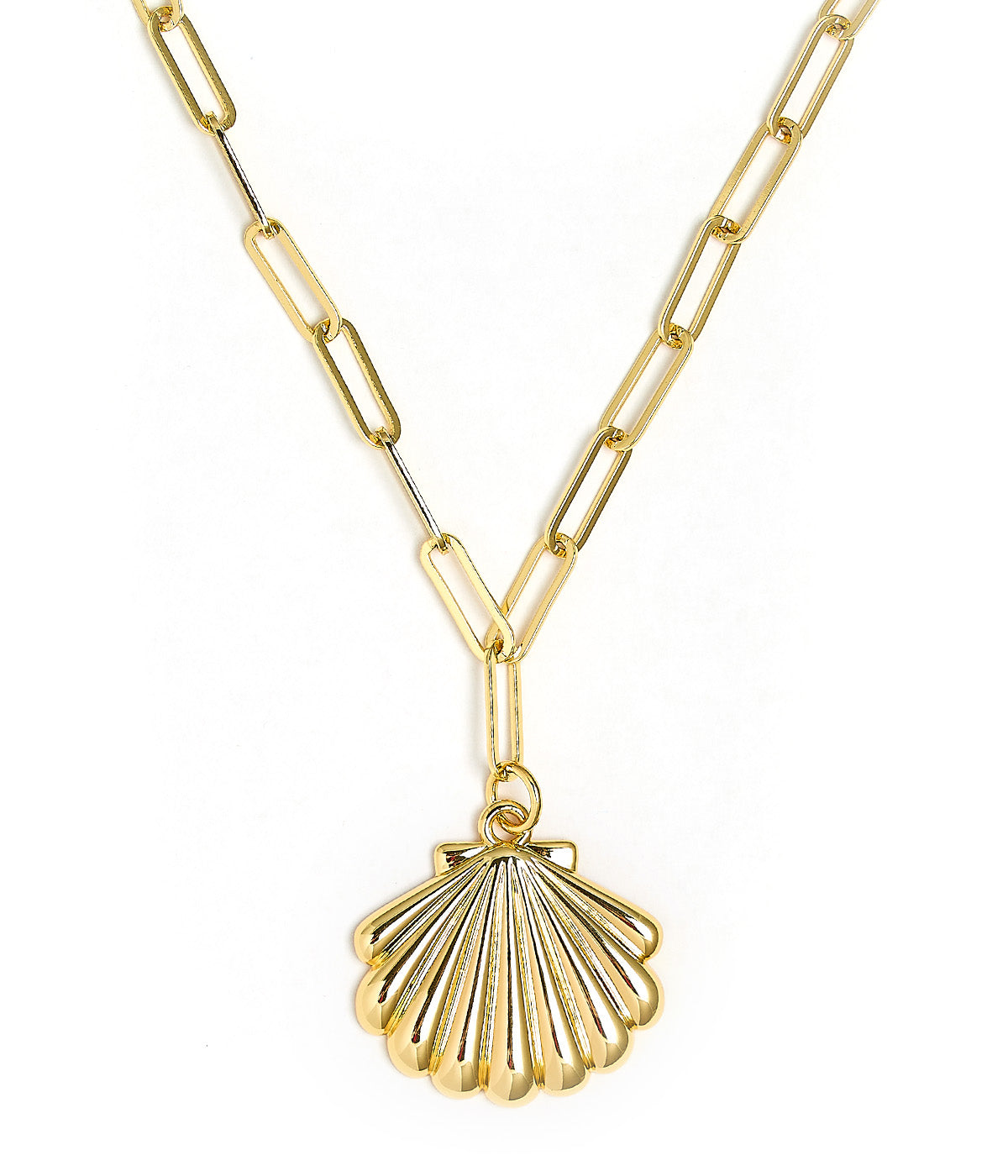 Puffy Scallop Shell Necklace with paper clip chain - 18k Plated Necklace - Glamourous Grace